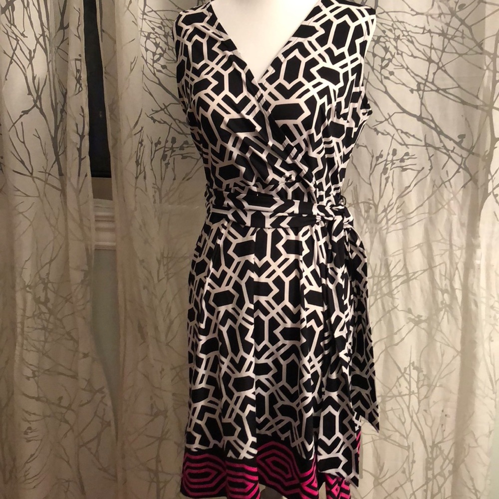 PM NWT INC black/white/pink print faux wrap dress
